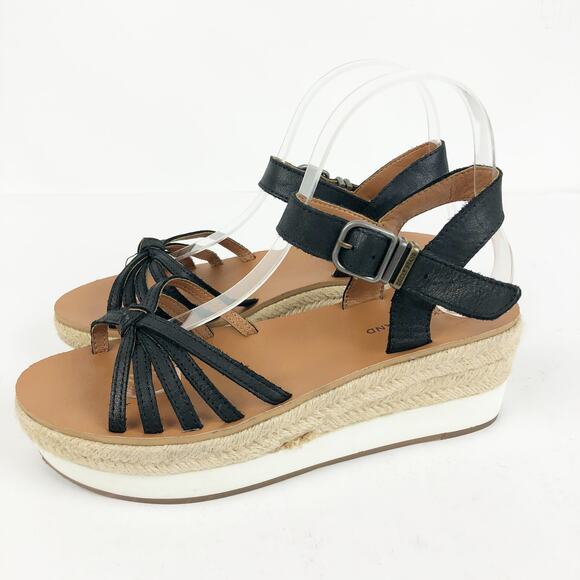 Lucky Brand Womens Juniffer Sandals 7 Black Leather Espadrille Wedge - Picture 2 of 10